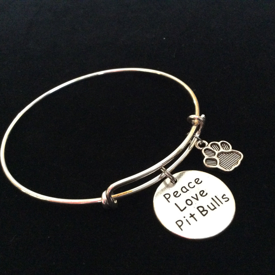 Peace Love Pitbull Dog Paw Charm on a Silver Expandable Adjustable Bangle Bracelet Meaningful Gift Animal