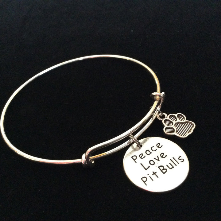 Peace Love Pitbull Dog Paw Charm on a Silver Expandable Adjustable Bangle Bracelet Meaningful Gift Animal