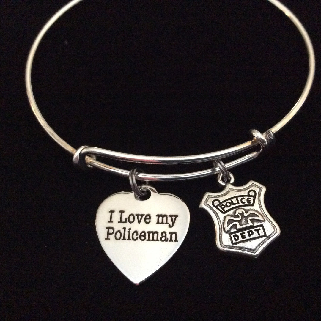 I Love My Policeman on Expandable Adjustable Wire Bangle Bracelet Occupational Police Badge Department Wife Gift