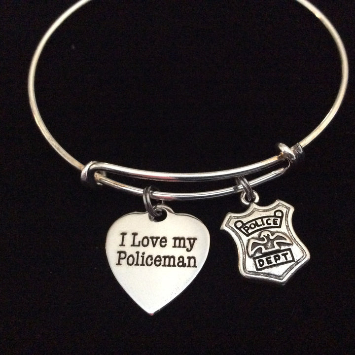 I Love My Policeman on Expandable Adjustable Wire Bangle Bracelet Occupational Police Badge Department Wife Gift