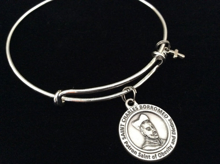 Saint Borromeo Medal Silver Expandable Charm Bracelet Double Sided Adjustable Wire Bangle Stacking Trendy Patron Dieting Obesity Stomach