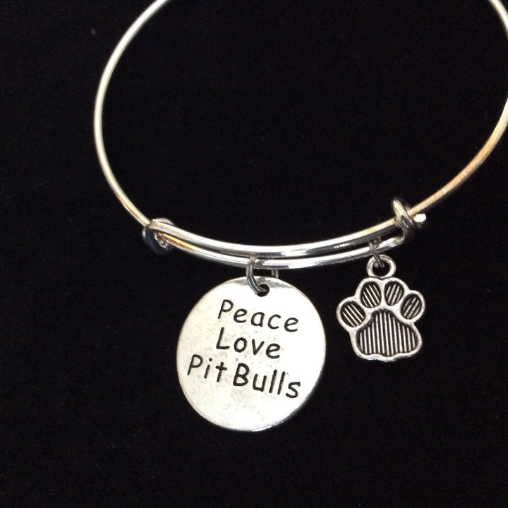 Peace Love Pitbull Dog Paw Charm on a Silver Expandable Adjustable Bangle Bracelet Meaningful Gift Animal