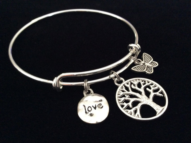 Tree of Life, Butterfly and Love Charm on a Silver Expandable Wire Bangle Bracelet Meaningful Gift Adjustable One Size Fits All Trendy