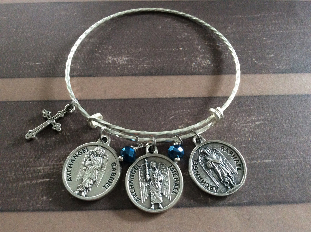 3 Archangel Charm Bracelet – Silver Twisted Bangle with Sapphire Crystal &amp; Benedictine Cross | Catholic Faith Gift