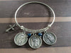 3 Archangel Charms with Prayer on Back Silver Sapphire Blue Crystal and Benedictine Cross Expandable Inspirational Jewelry Adjustable Bracelet