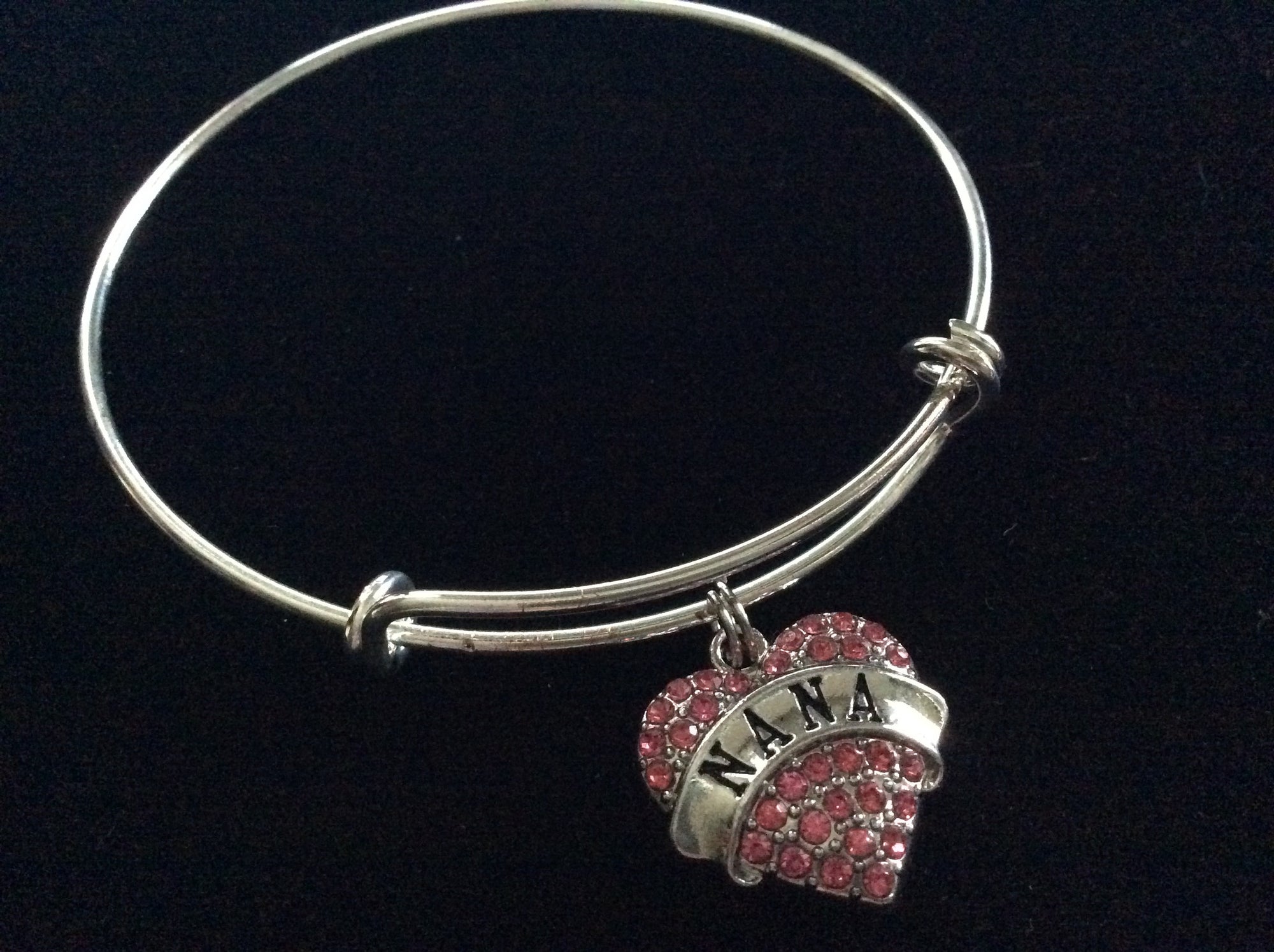 Pink Nana Crystal Heart Silver Charm Bracelet Adjustable Wire Bangle Expandable