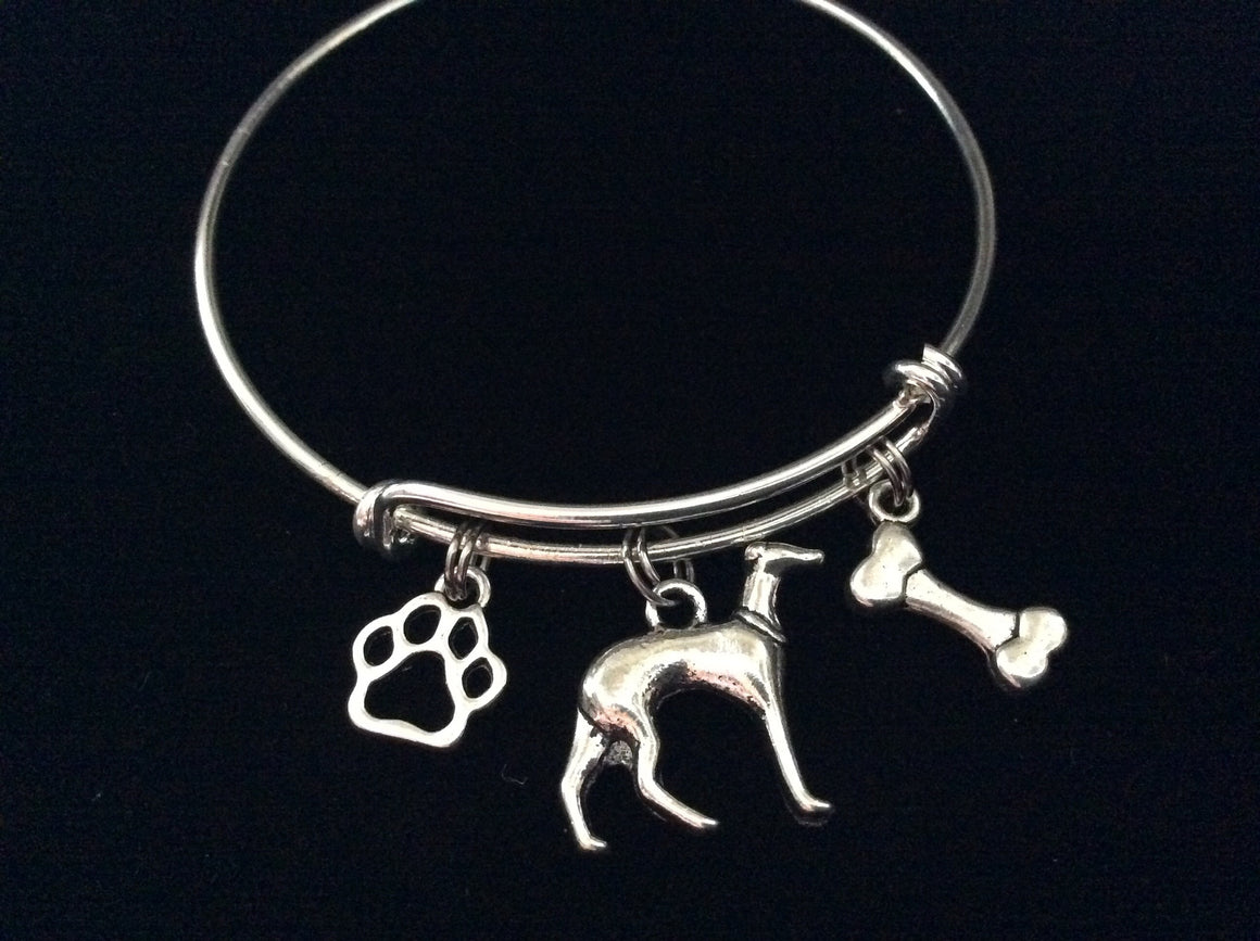 Greyhound 3D Dog Charm on a Silver Expandable Adjustable Bangle Bracelet 