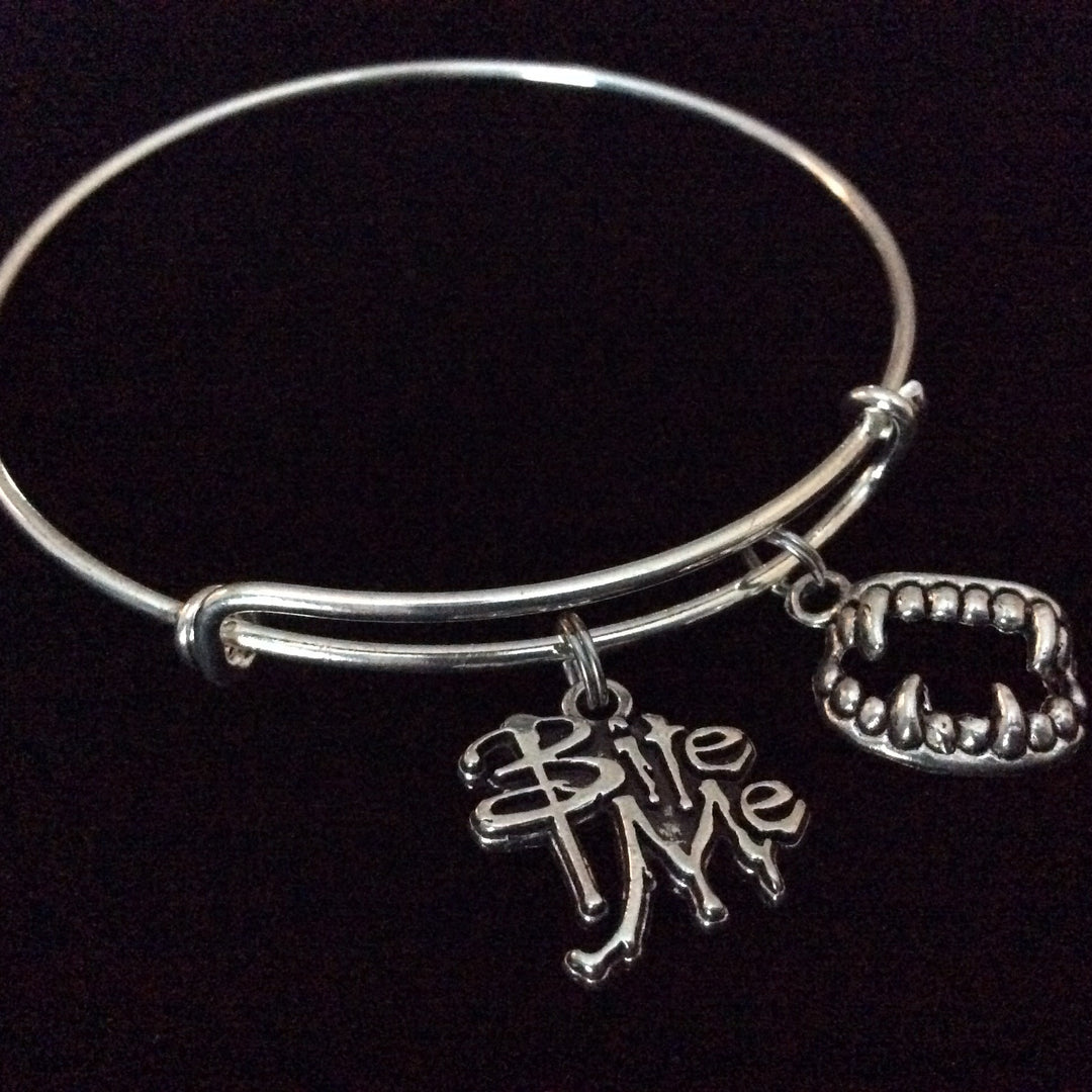 Vampire Bite Me Charm Silver Expandable Bangle Bracelet Halloween Costume Hostess Gift Adjustable Wire Trendy Stackable