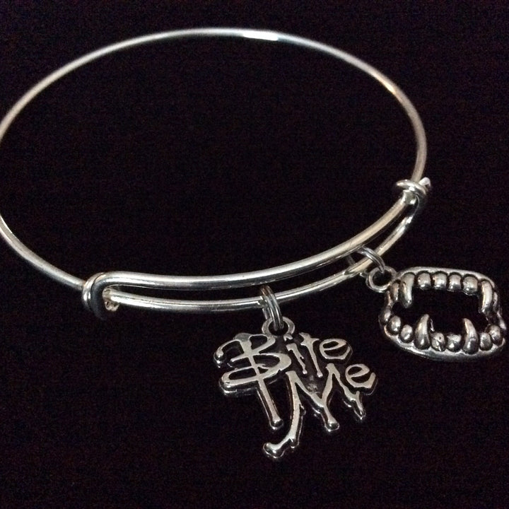 Vampire Bite Me Charm Silver Expandable Bangle Bracelet Halloween Costume Hostess Gift Adjustable Wire Trendy Stackable