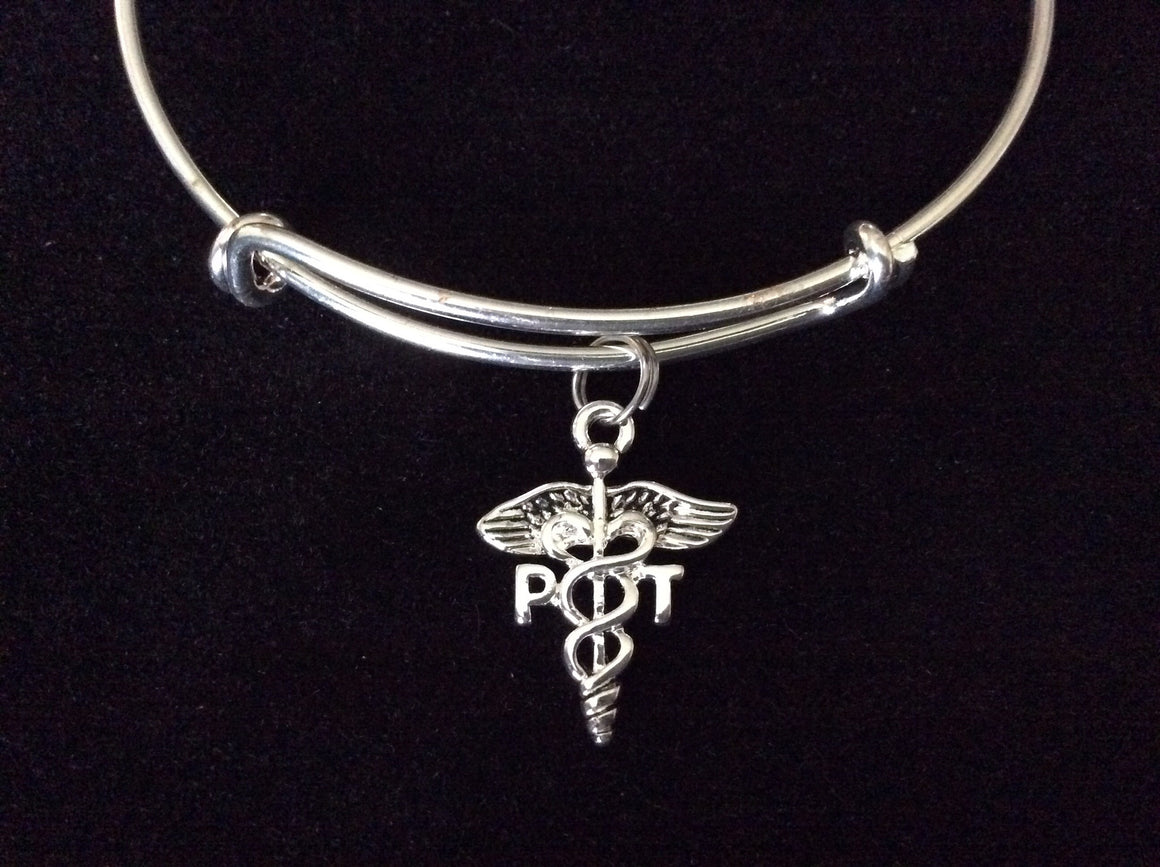 PT Physical Therapist Silver Charm Bracelet Expandable Adjustable Silver Wire Bangle