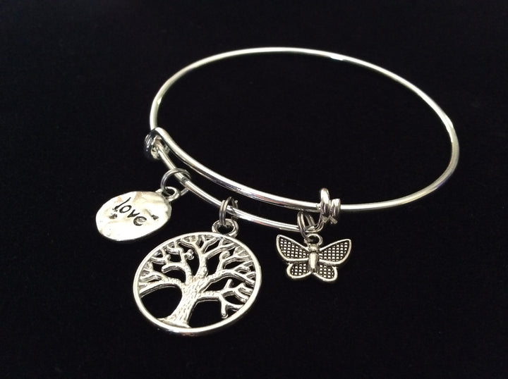 Tree of Life, Butterfly and Love Charm on a Silver Expandable Wire Bangle Bracelet Meaningful Gift Adjustable One Size Fits All Trendy
