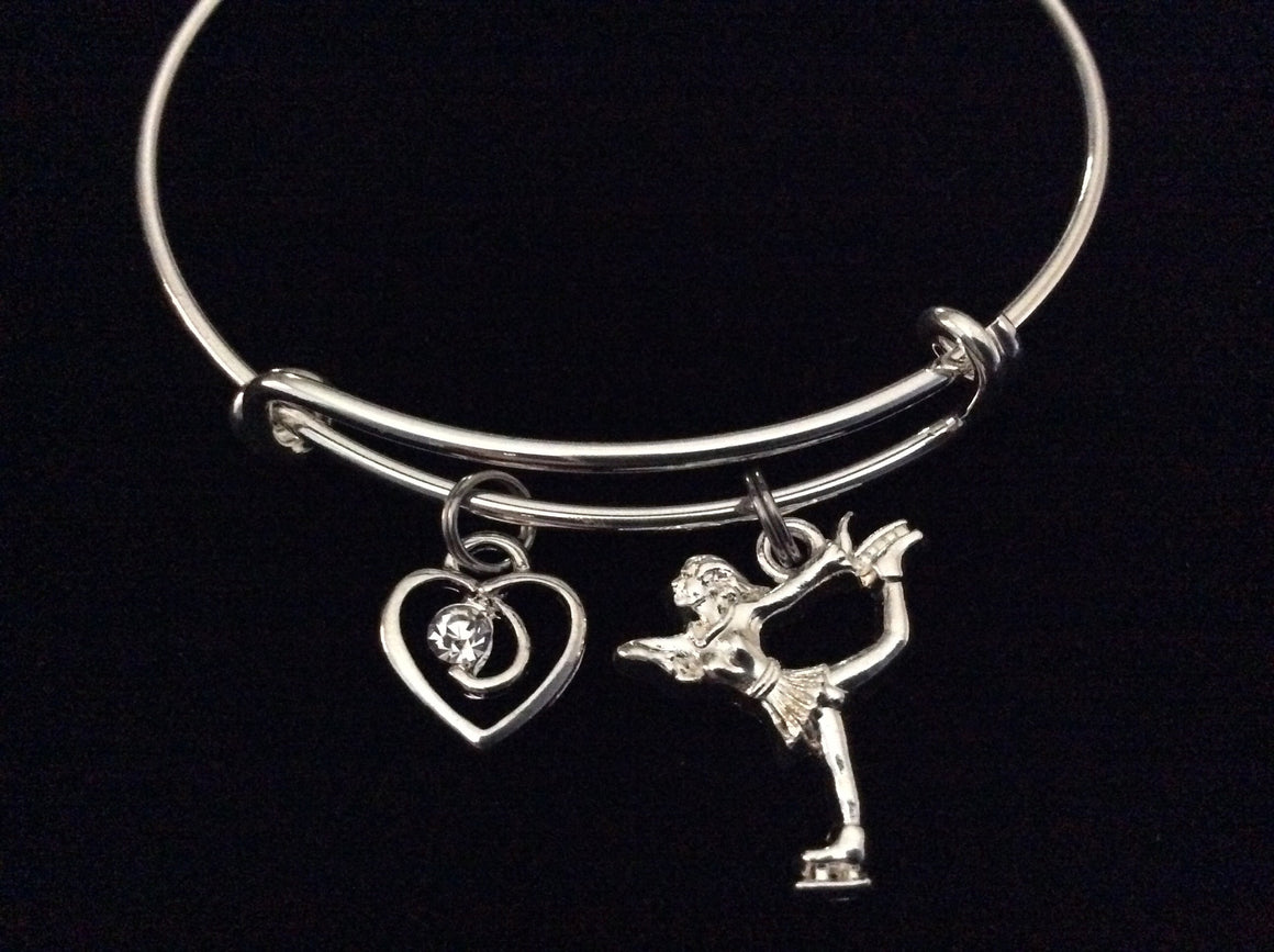 Ice Skating with Crystal Heart Charm on Expandable Adjustable Wire Bangle Bracelet Trendy Gift Unique