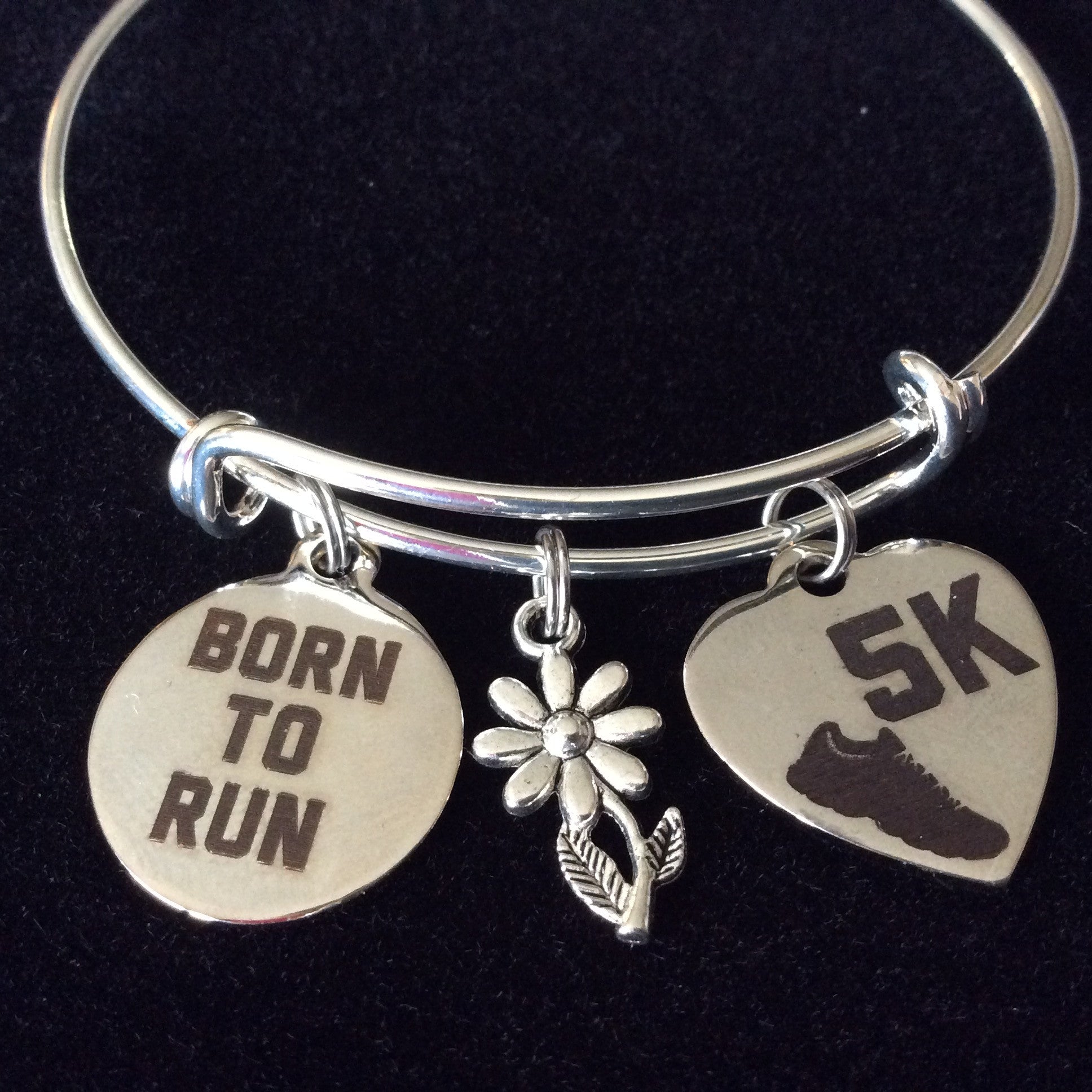 Custom 5K Born to Run Stainless Steel Charms on Expandable Bracelet Adjustable Wire Bangle Trendy Gift