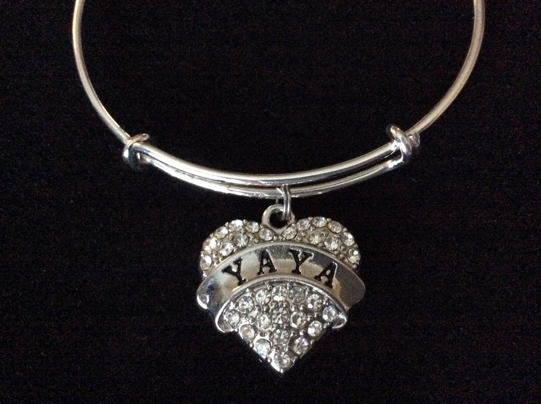 Yaya Silver Crystal Heart Charm Bangle Adjustable Expandable Meaningful Gift Grandmother Gift