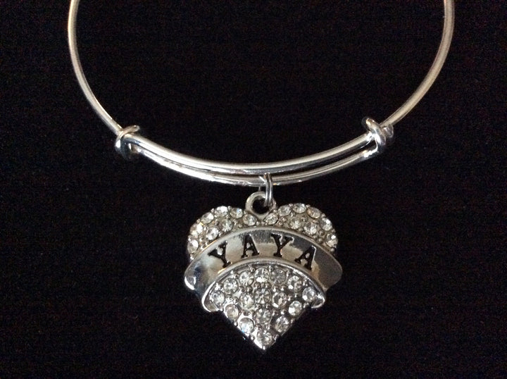 Yaya Silver Crystal Heart Charm Bangle Adjustable Expandable Meaningful Gift Grandmother Gift