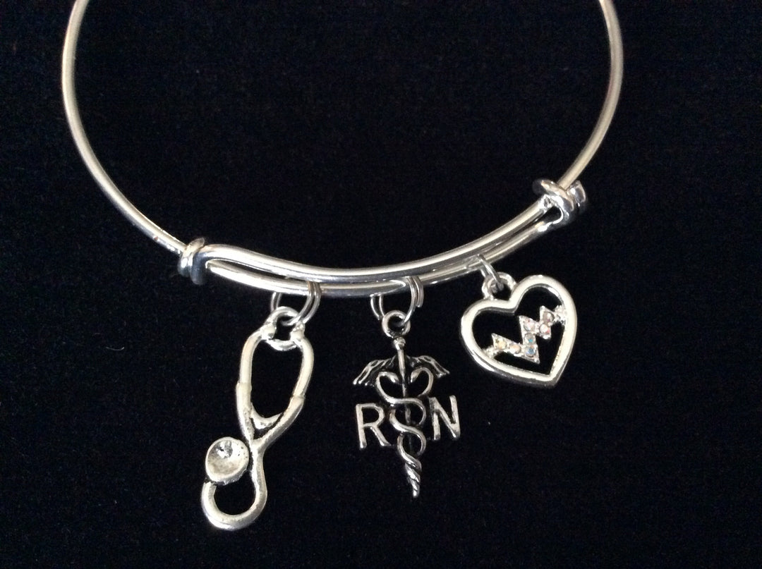 Heartbeat Registered Nurse RN Expandable Silver Bracelet Bangle