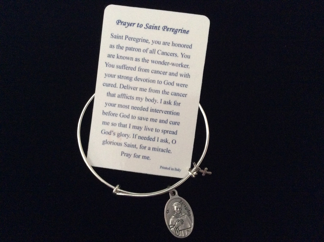 Prayer Card Saint Peregrine Rare Relic Medal Silver Expandable Bracelet Double Sided Adjustable Wire Bangle Stacking Trendy Gift