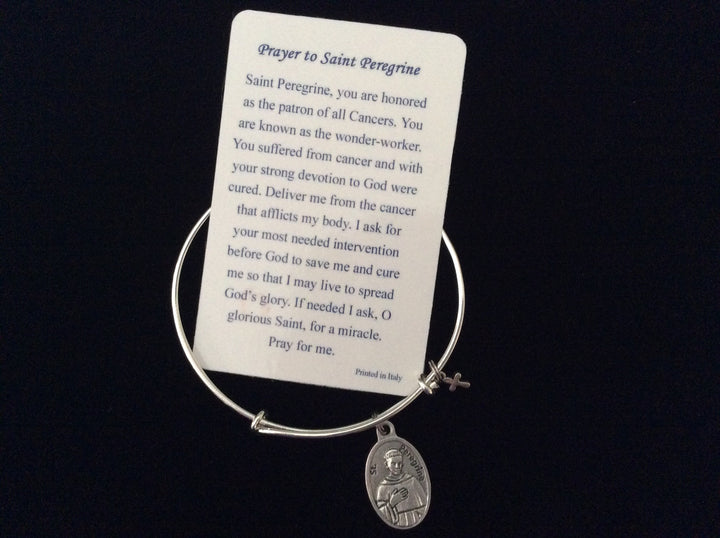 Prayer Card Saint Peregrine Rare Relic Medal Silver Expandable Bracelet Double Sided Adjustable Wire Bangle Stacking Trendy Gift