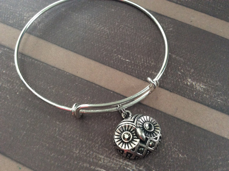 Rhinestone Silver Owl Charm on a Silver Expandable Wire Bangle Bracelet Gift Adjustable Trendy Handmade in USA