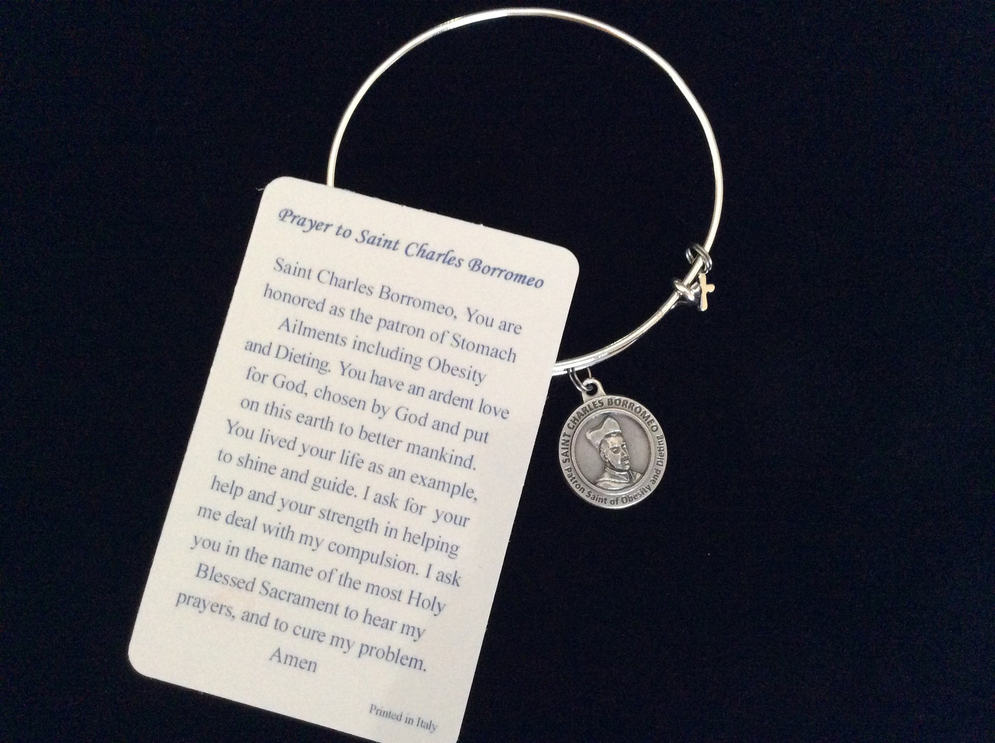 Prayer Saint Borromeo Medal Silver Expandable Charm Bracelet Double Sided Adjustable Wire Bangle Stacking Trendy Patron Dieting Obesity Stomach