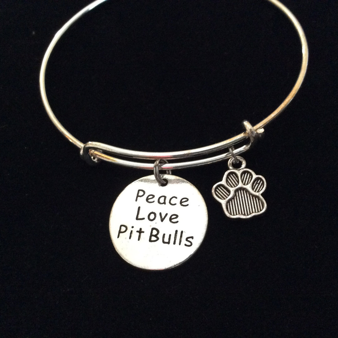 Peace Love Pitbull Dog Paw Charm on a Silver Expandable Adjustable Bangle Bracelet Meaningful Gift Animal