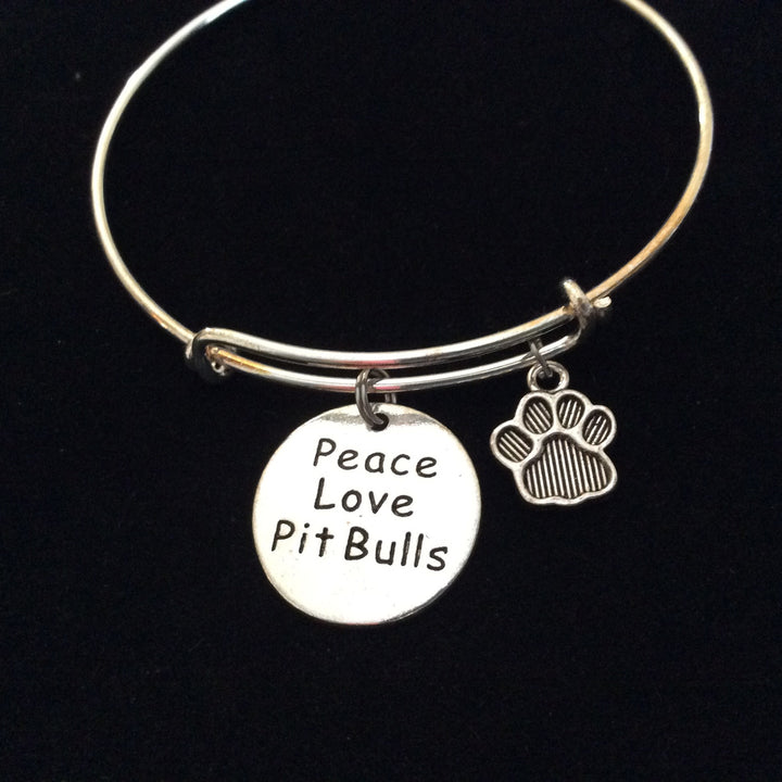 Peace Love Pitbull Dog Paw Charm on a Silver Expandable Adjustable Bangle Bracelet Meaningful Gift Animal