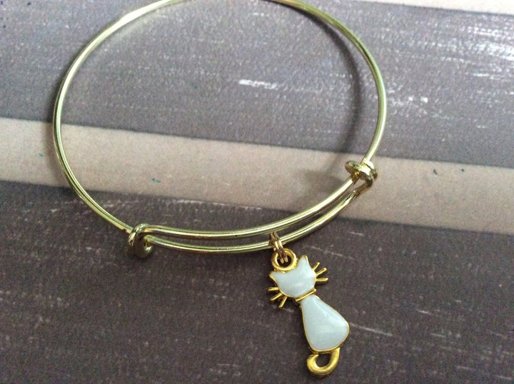 Kitten Adorable Cat Charm Bracelet Expandable Adjustable Gold Wire Bangle 