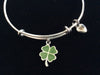 Green Resin Four Leaf Clover Charm on Silver Expandable Adjustable Wire Bangle Bracelet