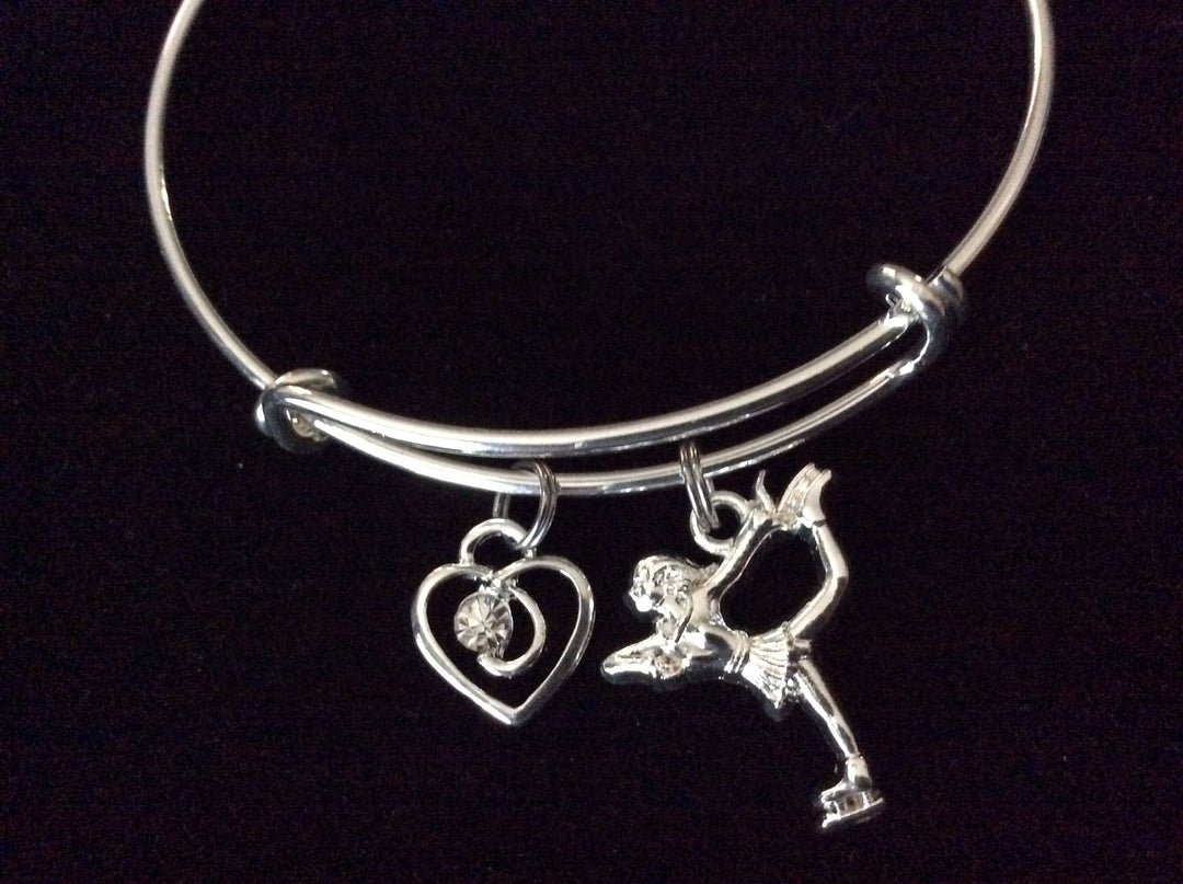Skater Ice Skating with Crystal Heart Charm on Expandable Adjustable Wire Bangle Bracelet Trendy Gift Unique