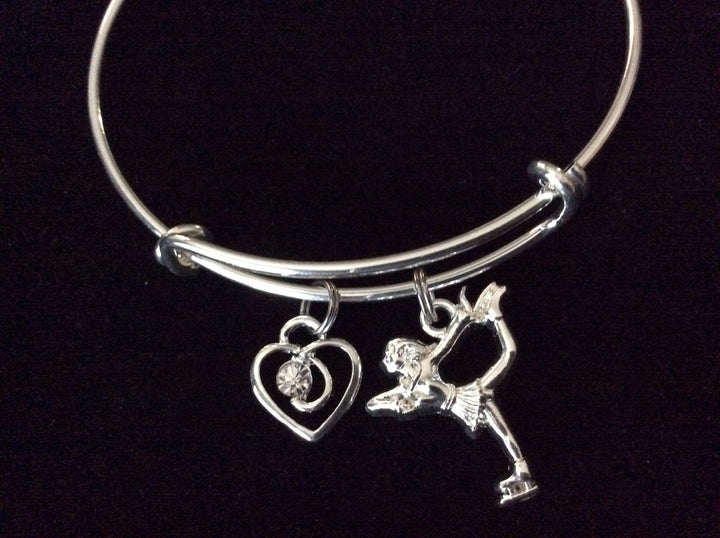 Skater Ice Skating with Crystal Heart Charm on Expandable Adjustable Wire Bangle Bracelet Trendy Gift Unique