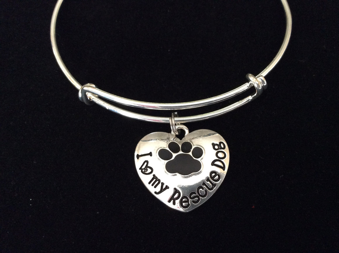 I Love My Rescue Dog Paw Print Heart Charm on a Silver Expandable Adjustable Wire Bangle Bracelet Meaningful Gift Animal Lover Gift Rescue