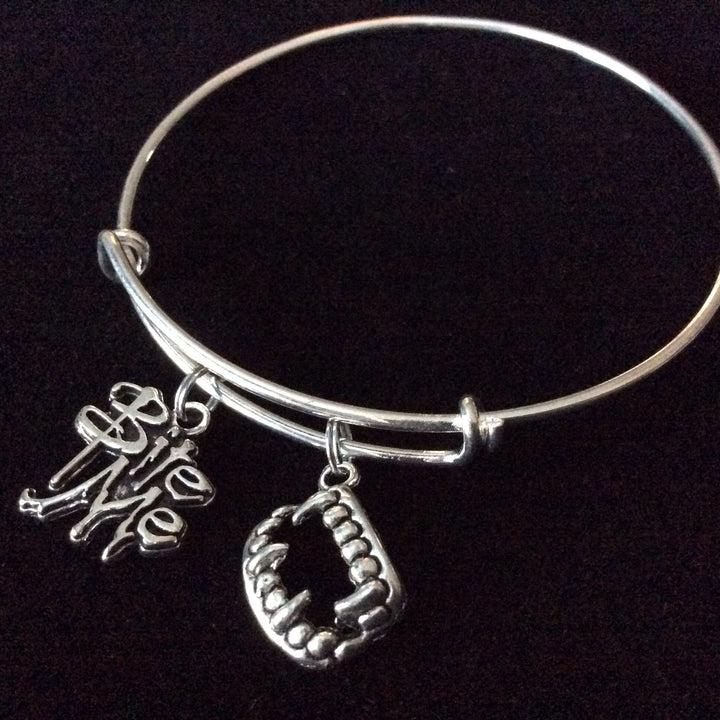 Halloween Themed Bite Me Charm Vampire Teeth Silver Expandable Bangle Bracelet Halloween Costume Hostess Gift Adjustable Wire Trendy Stackable