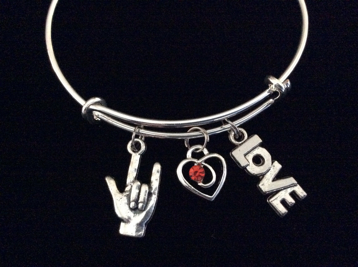 American Sign Language Charm (ASL) Red Crystal Heart and Love Charm on Expandable Adjustable Wire Bangle Bracelet  