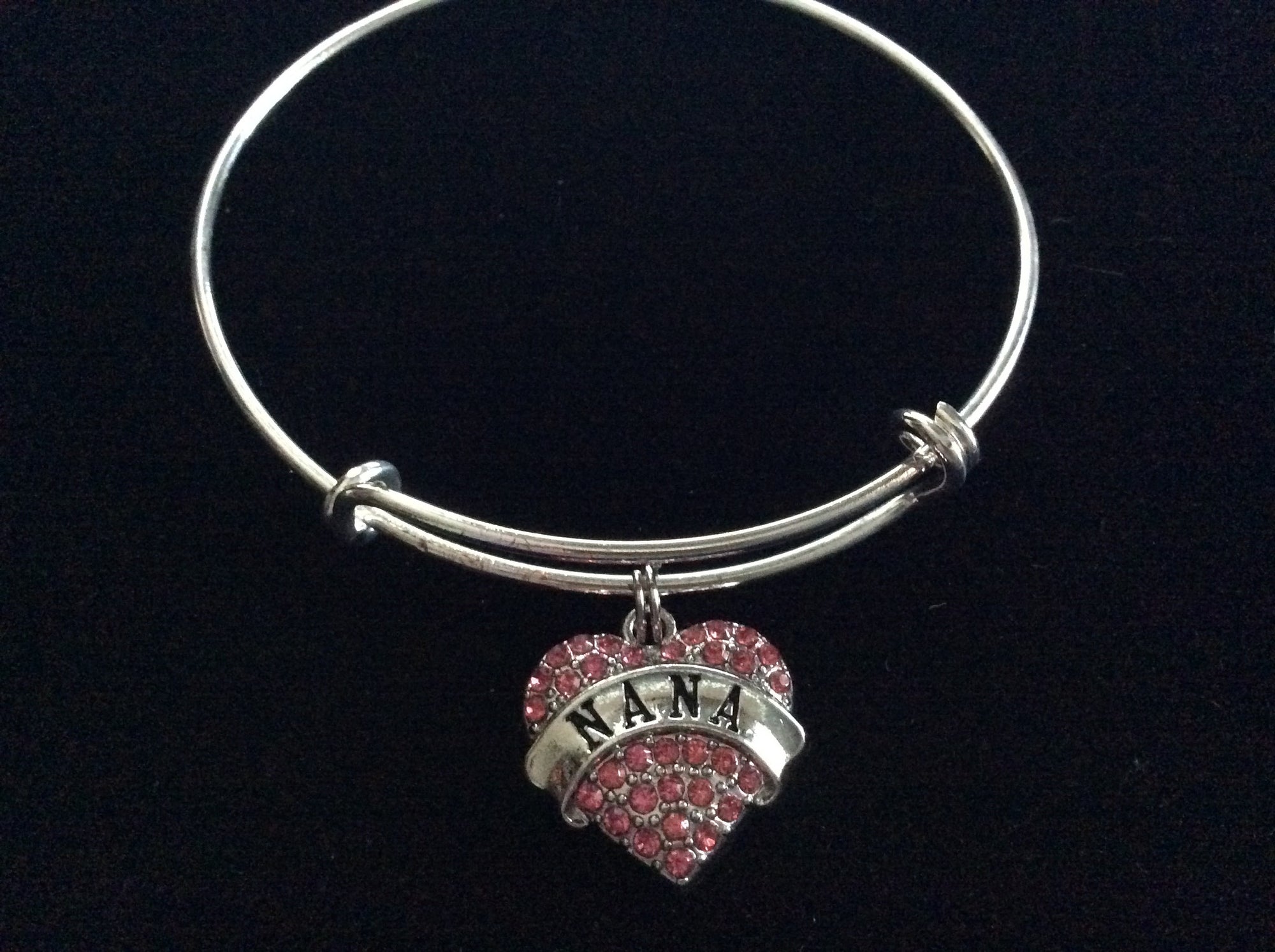 Pink Nana Crystal Heart Silver Charm Bracelet Adjustable Wire Bangle Expandable