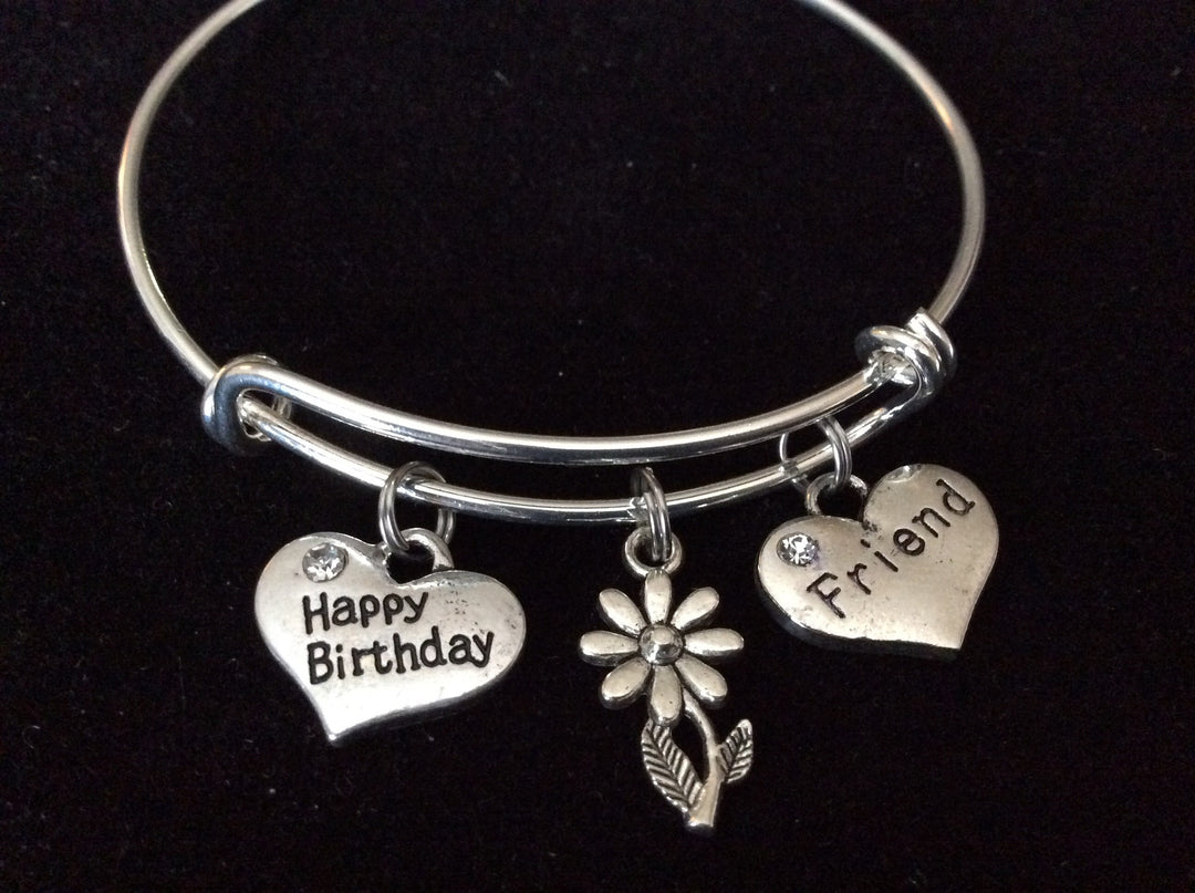 Happy Birthday Friend Silver Expandable Bracelet Adjustable Wire Bangle One Size Fits All Trendy Custom Handmade in USA Stackable