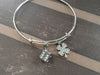 Rhinestone Crystal Dice and Four Leaf Clover Charm on Silver Expandable Adjustable Wire Bangle 