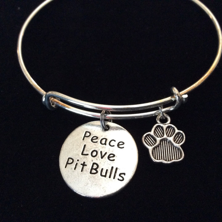 Peace Love Pitbull Dog Paw Charm on a Silver Expandable Adjustable Bangle Bracelet Meaningful Gift Animal