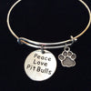 Peace Love Pitbull Dog Paw Charm on a Silver Expandable Adjustable Bangle Bracelet Meaningful Gift Animal