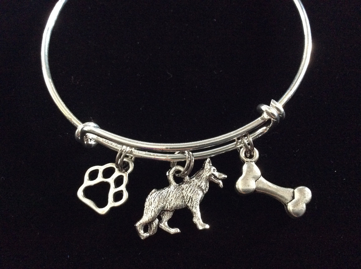 German Shepherd Dog Charm on a Silver Expandable Adjustable Bangle Bracelet