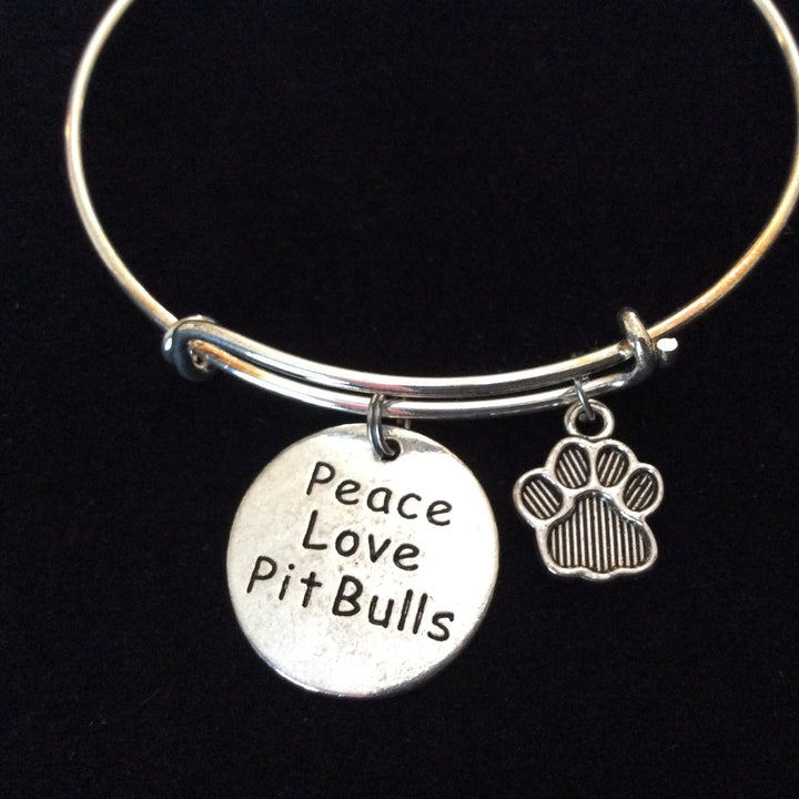 Peace Love Pitbull Dog Paw Charm on a Silver Expandable Adjustable Bangle Bracelet Meaningful Gift Animal