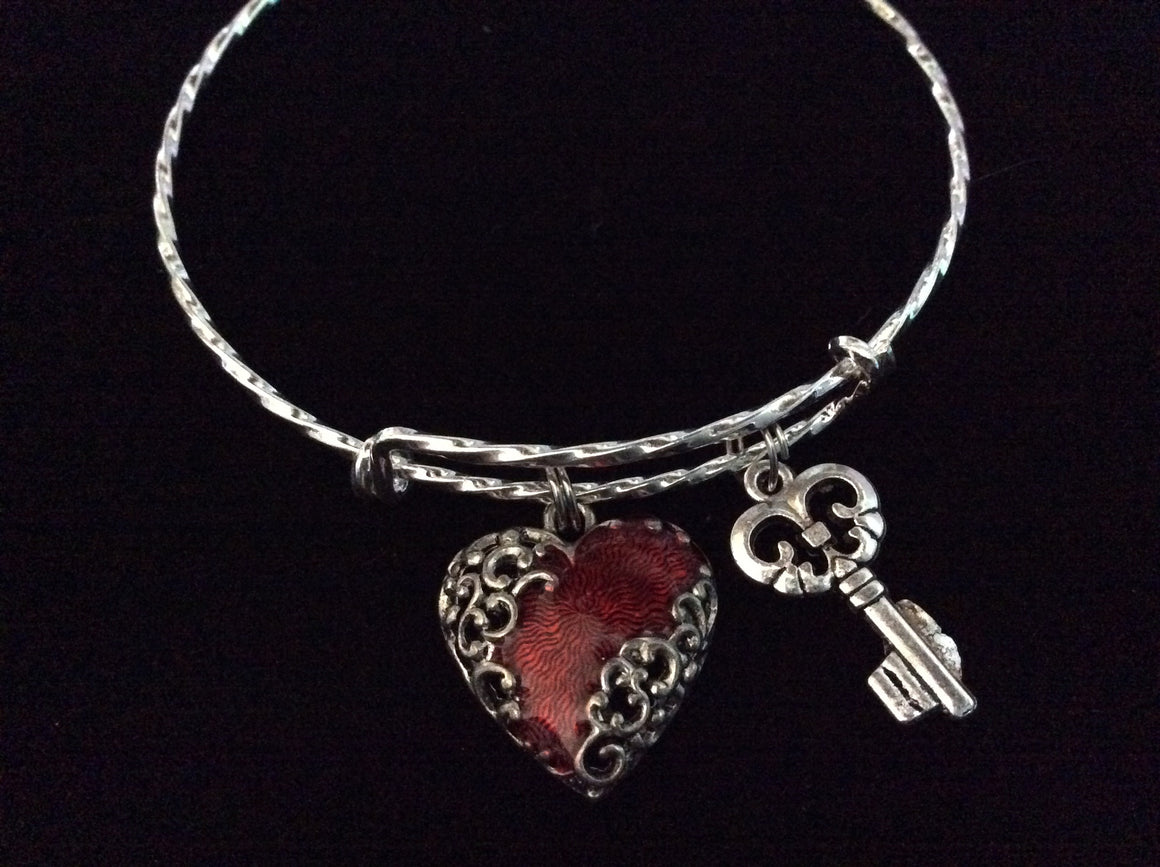 Key to My Heart Expandable Charm Bracelet Adjustable Silver Wire Bangle