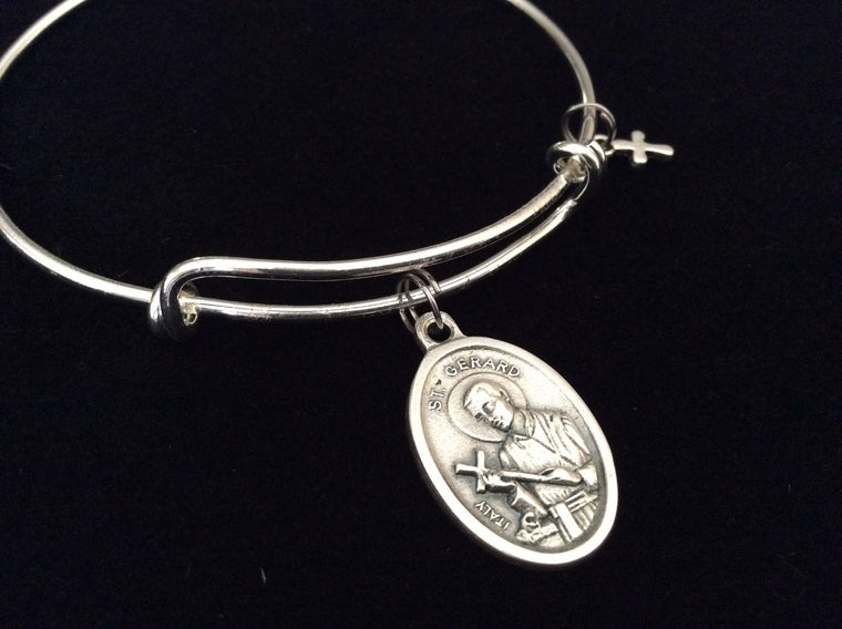 Saint Gerard Medal Silver Expandable Charm Bracelet Double Sided Adjustable Wire Bangle Stacking Trendy Patron Fertility