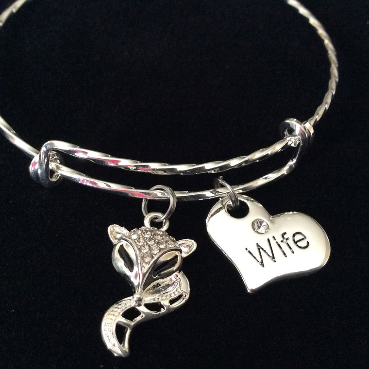 Foxy Wife Expandable Charm Bracelet Double Sided Heart Charm with Crystal Adjustable Twisted Wire Bangle Stacking Handmade Trendy Gift Anniversary