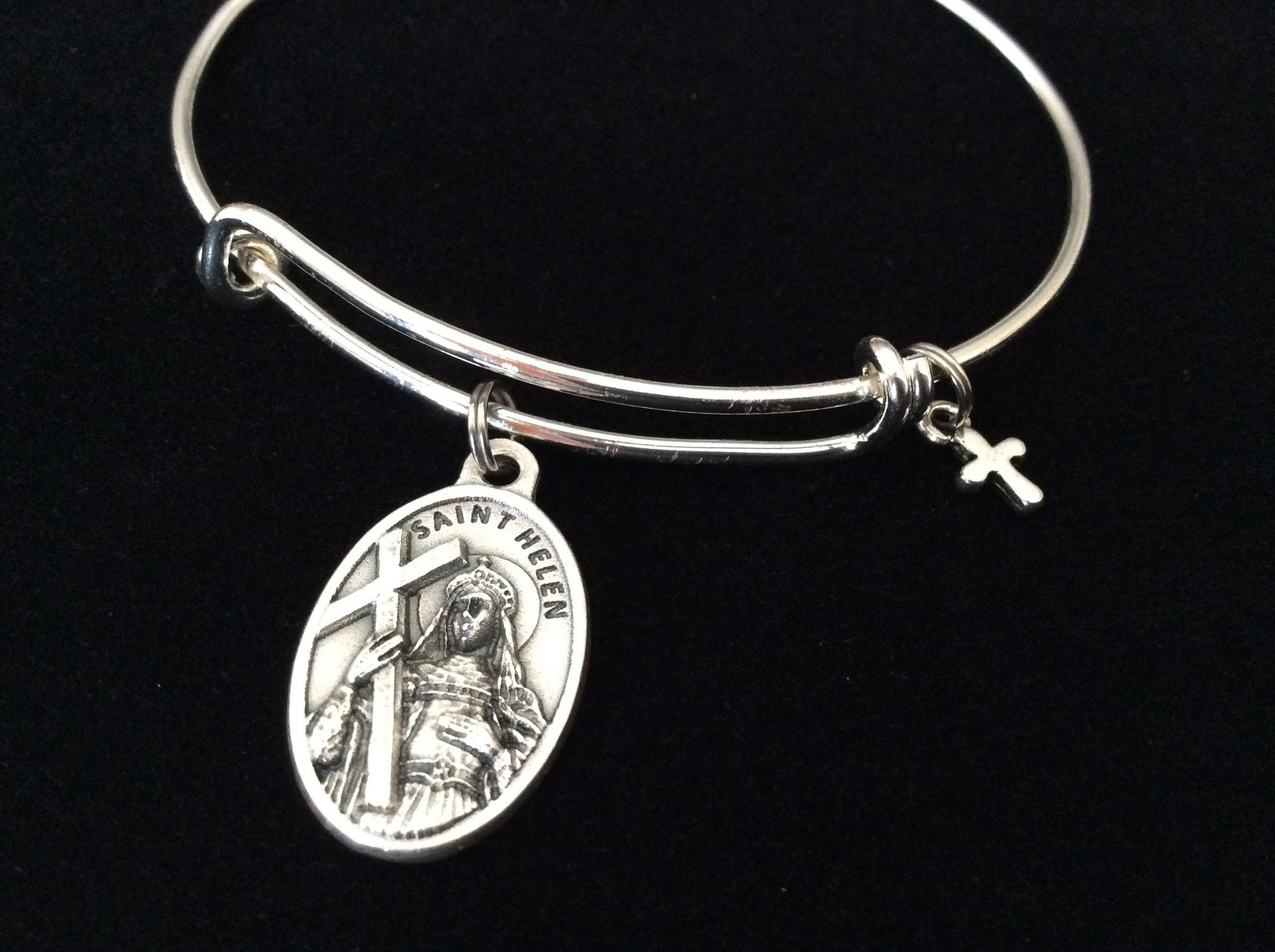Patron Saint Helen Medal Silver Expandable Charm Bracelet Double Sided Adjustable Wire Bangle Stacking Trendy Patron Marriages Relationships