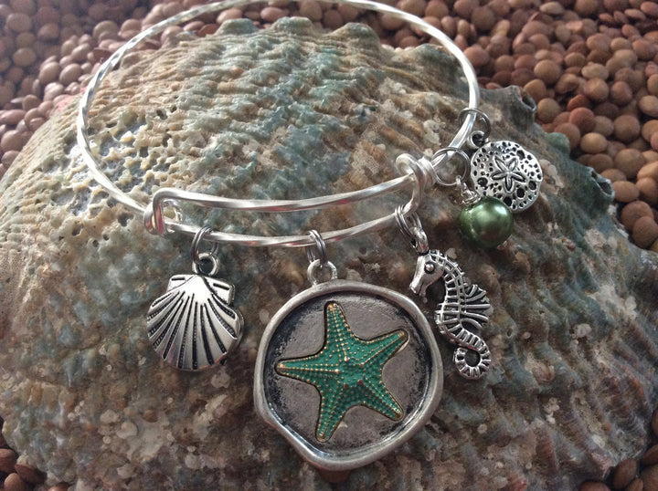Expandable Nautical Bracelet Ocean Green Starfish Seashell Seahorse Sand Dollar and Pearl Twisted Matte Silver Adjustable Wire Bangle Gift