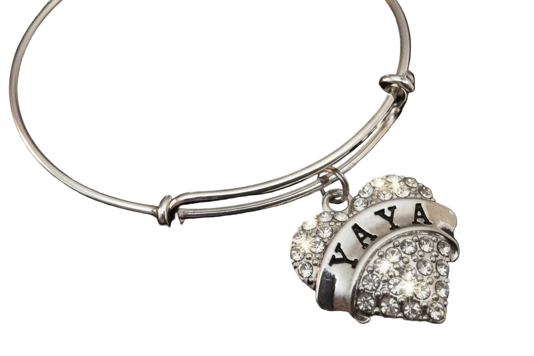 Yaya Silver Crystal Heart Charm Bangle Expandable Meaningful Gift Grandmother 