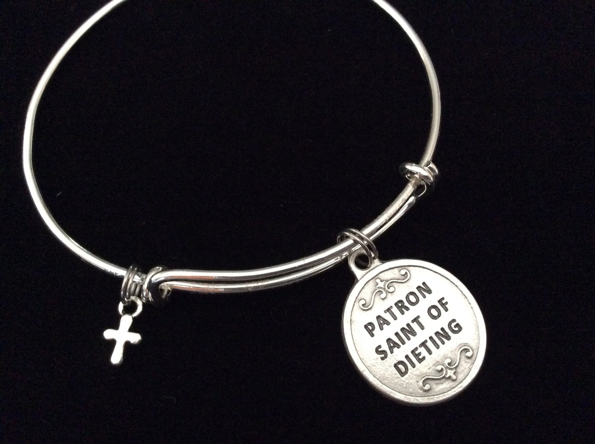 Back Saint Borromeo Medal Silver Expandable Charm Bracelet Double Sided Adjustable Wire Bangle Stacking Trendy Patron Dieting Obesity Stomach