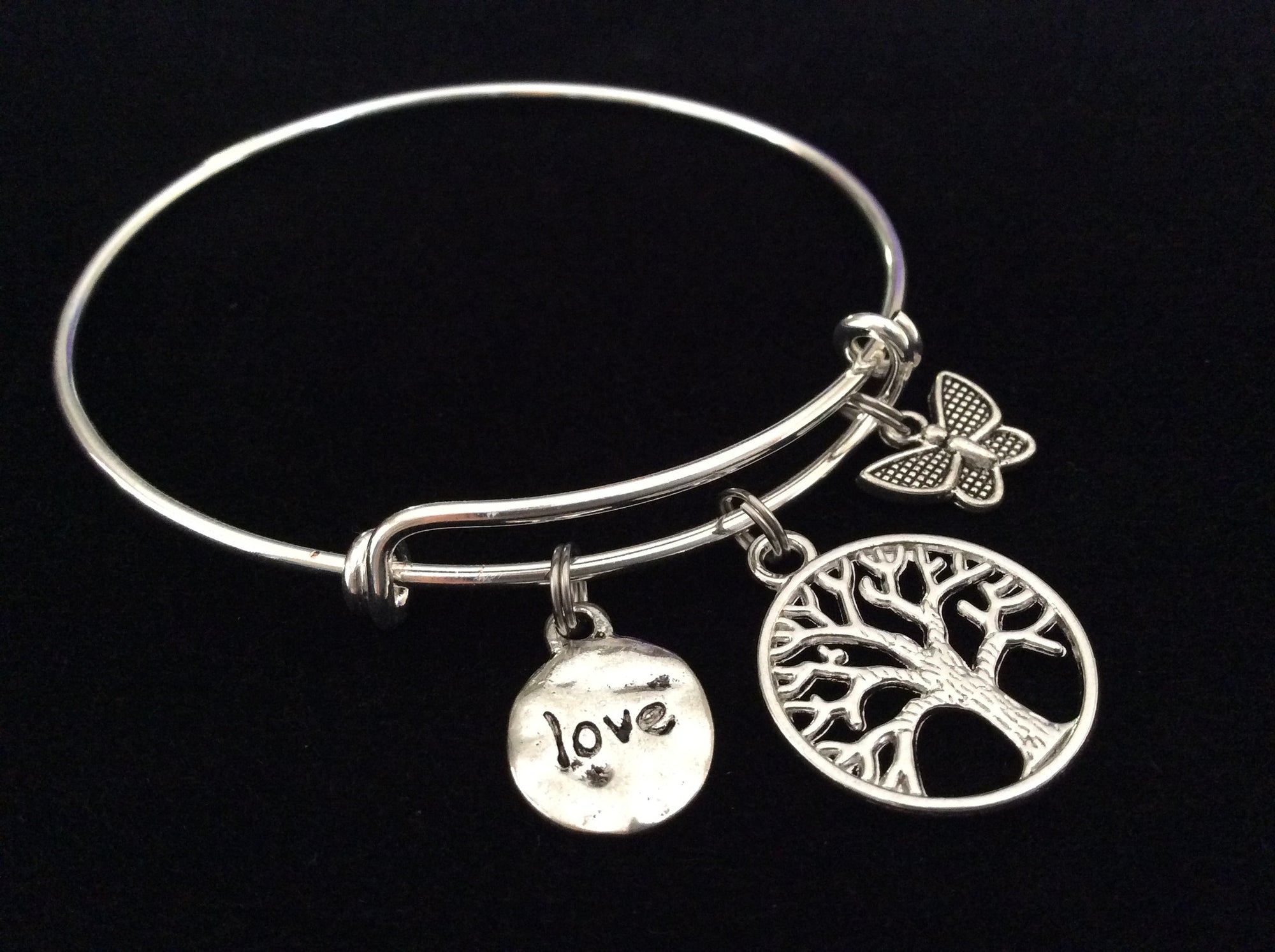 Tree of Life, Butterfly and Love Charm on a Silver Expandable Wire Bangle Bracelet Meaningful Gift Adjustable One Size Fits All Trendy