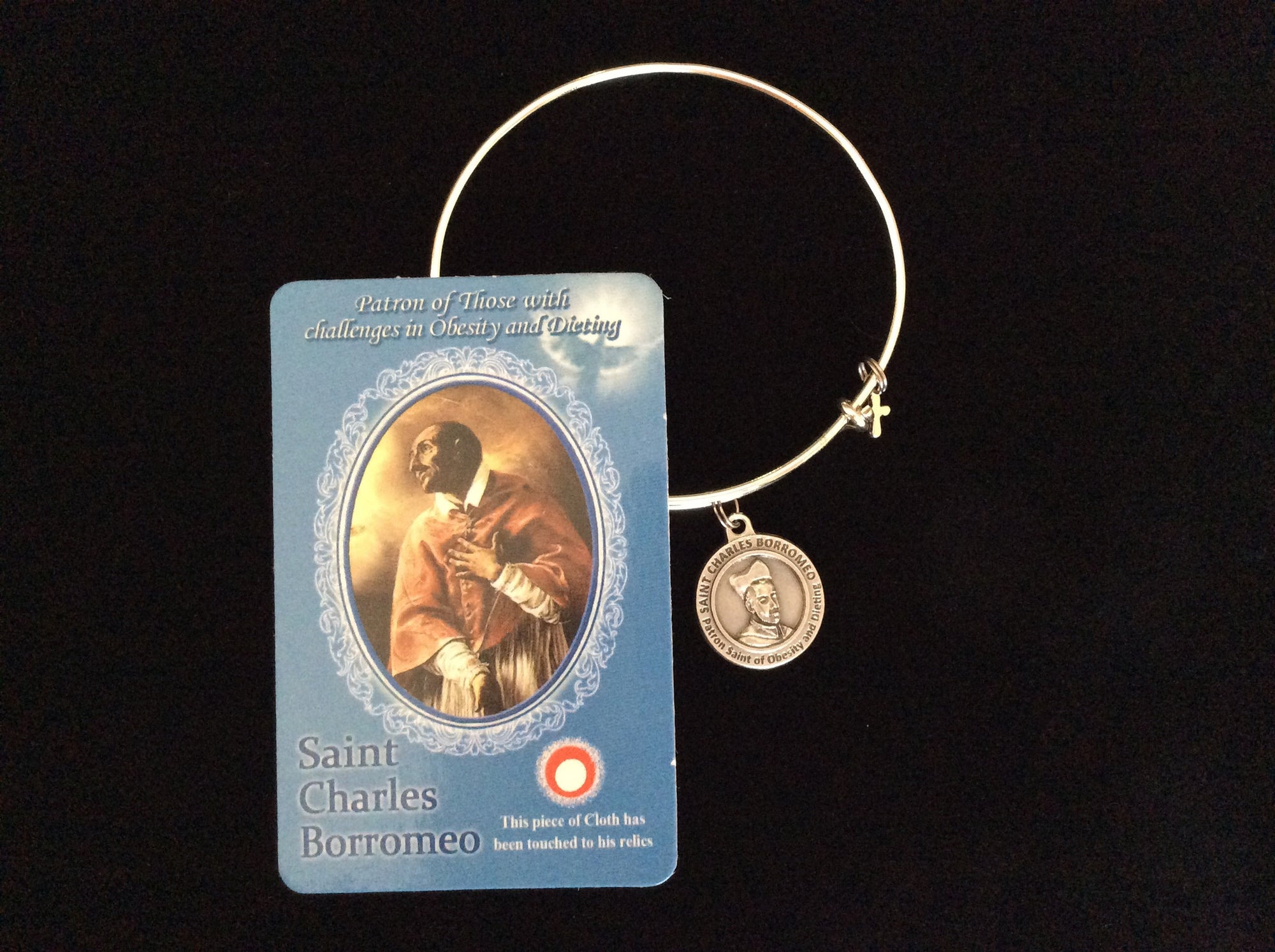 Relic Saint Borromeo Medal Silver Expandable Charm Bracelet Double Sided Adjustable Wire Bangle Stacking Trendy Patron Dieting Obesity Stomach