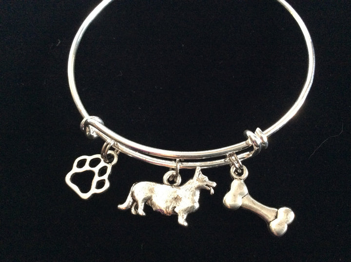 Corgi Dog Charm on a Silver Expandable Adjustable Bangle Bracelet Double Sided Charms Meaningful Dog Lover Gift